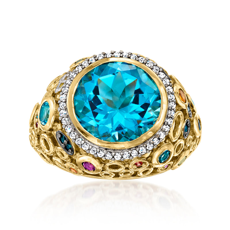 18kt gold-tone ring with large Swiss-blue topaz, diamond halo, and multi-color gems