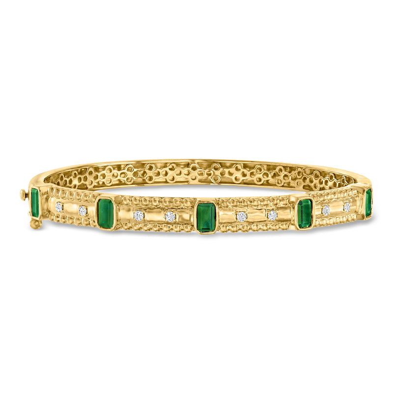 18kt gold over sterling bangle bracelet with green emerald rectangles and diamond accents