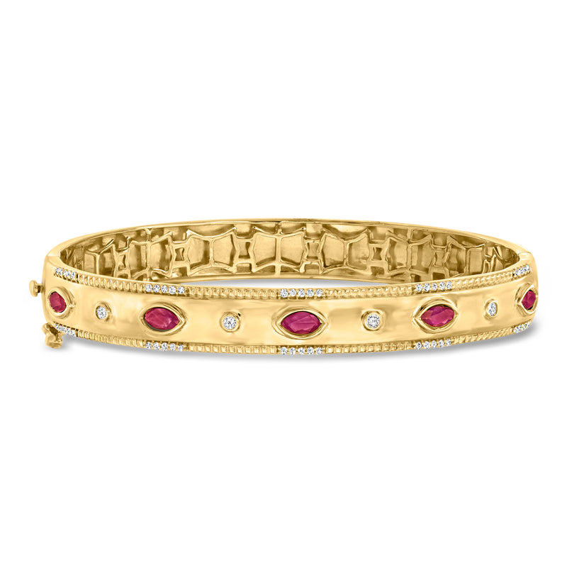 18kt gold over sterling bangle bracelet with ruby cabochons and diamond accents