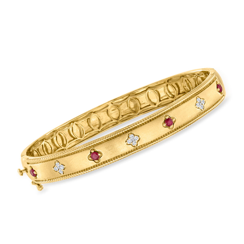 18kt gold over sterling bangle bracelet with ruby and diamond accents, hinged design