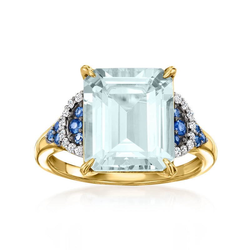 14kt yellow gold ring with large aquamarine, sapphire and diamond accents