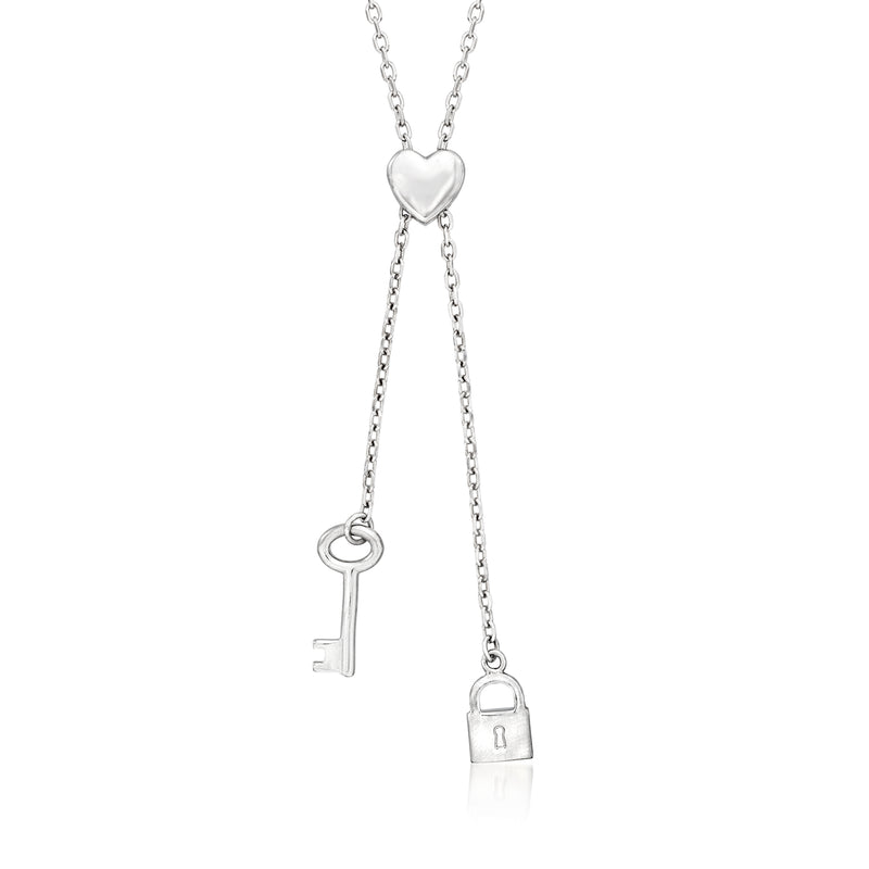 Sterling silver lock-and-key lariat necklace with heart clasp and dangling key & lock