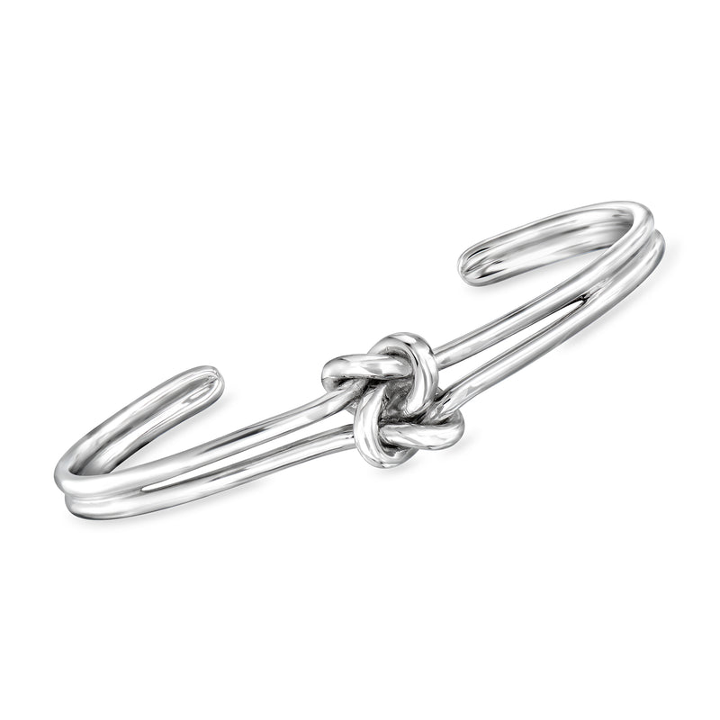Sterling silver love knot cuff bracelet, polished open bangle with knot clasp