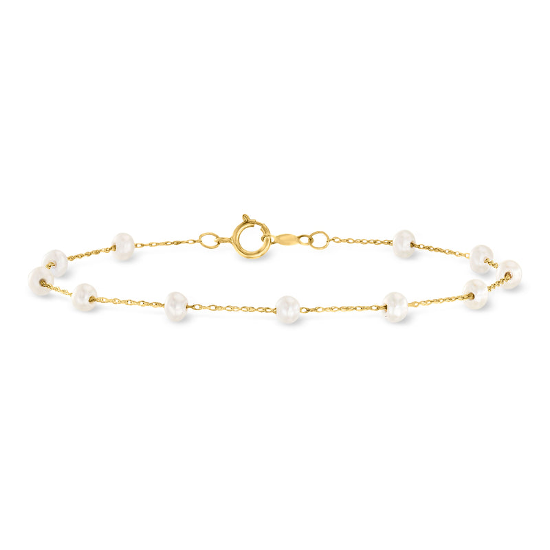 14kt yellow gold cultured pearl station bracelet with small round white pearls