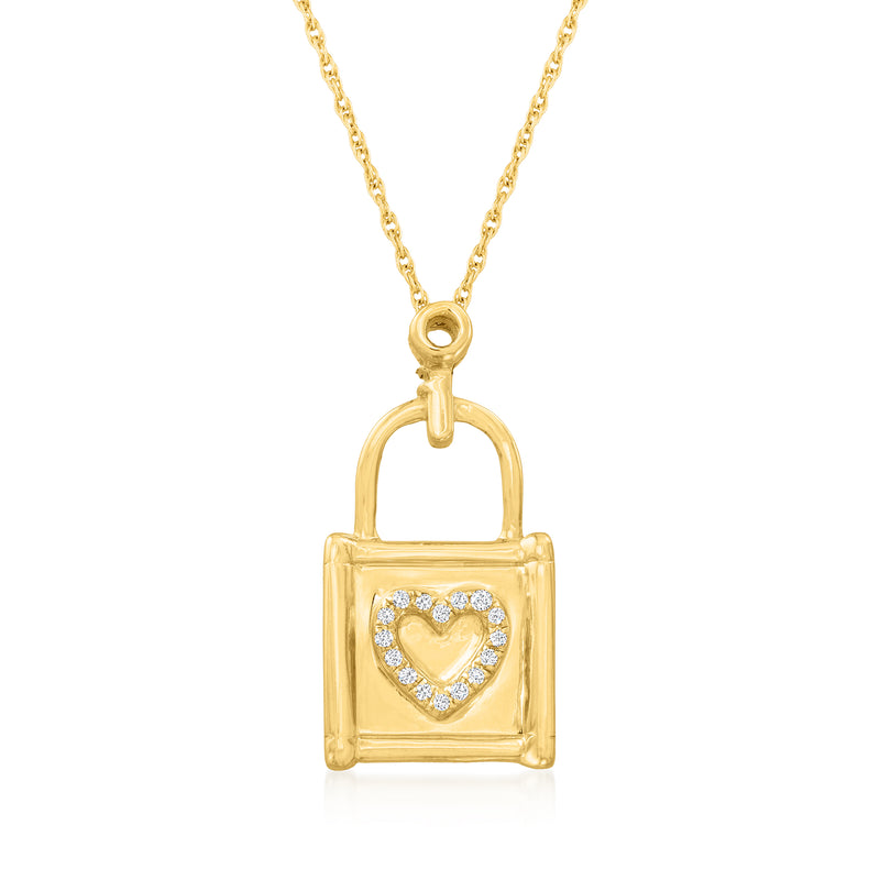 14kt yellow gold lock pendant necklace with heart inset and small diamond accents