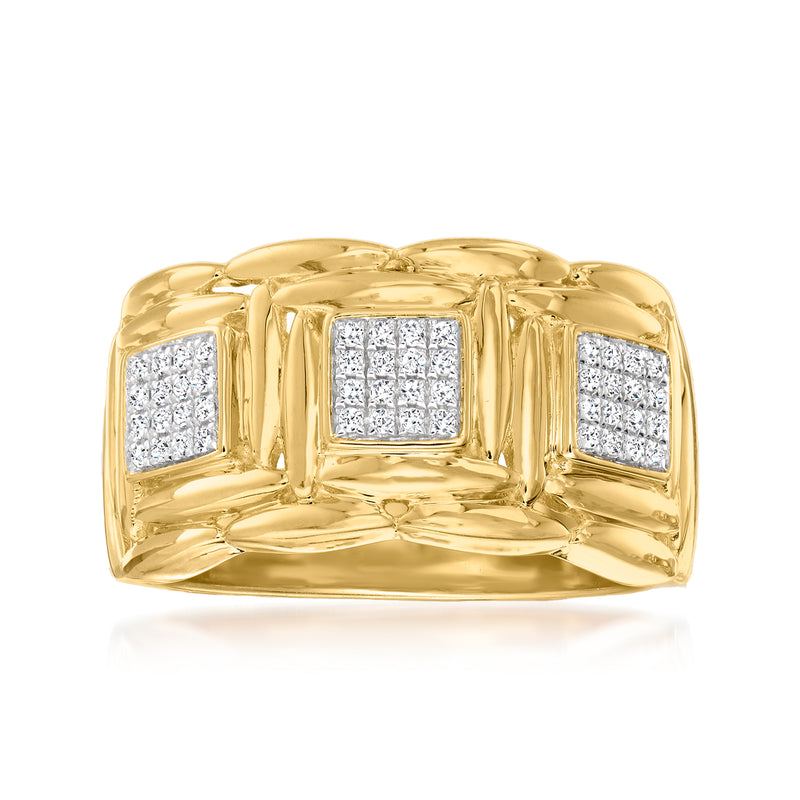 Gold-tone square cluster ring with three sparkling pave-style stones on a band