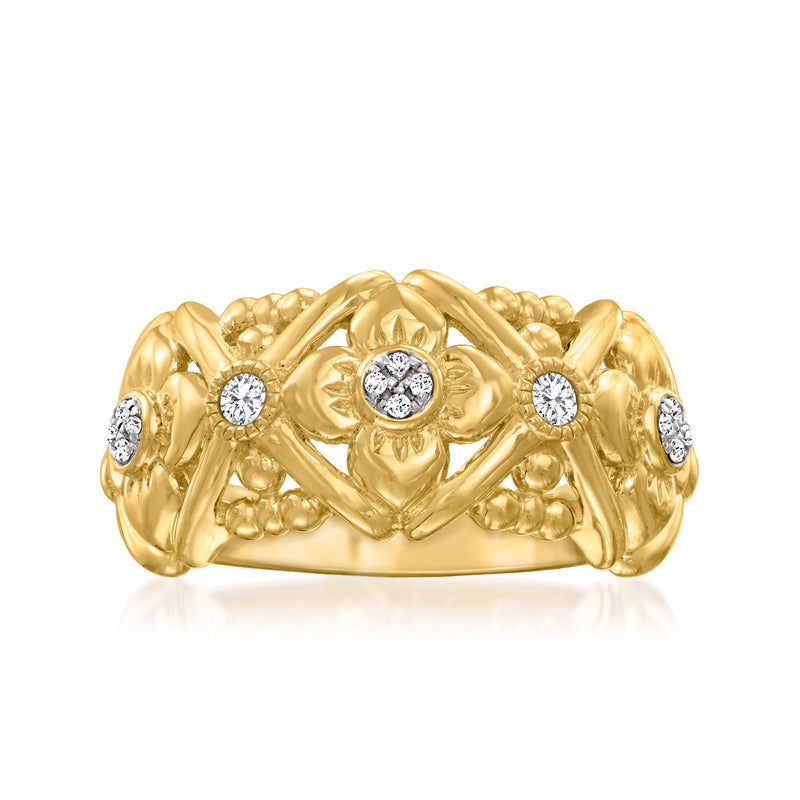 Vintage-style gold ring with round diamond accents and openwork prong setting