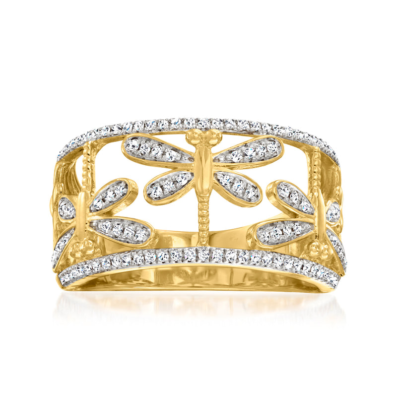 Gold over sterling dragonfly ring with diamond pave accents and round band