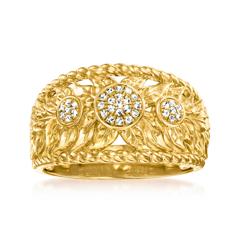 Gold floral vintage ring with three round rhinestone clusters on braided band