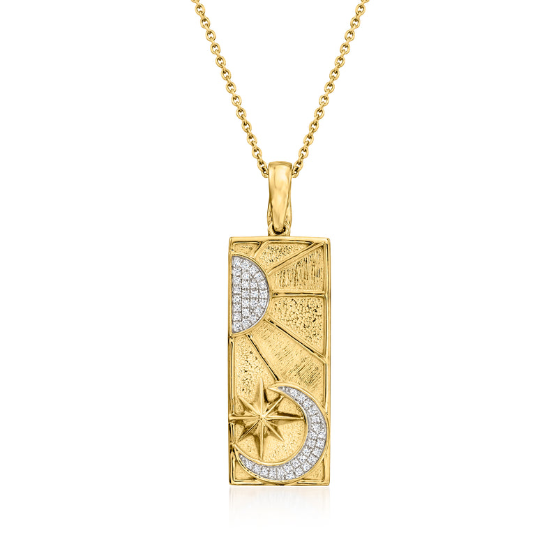 Gold over sterling diamond celestial tag pendant necklace with rectangular face and crescent stones