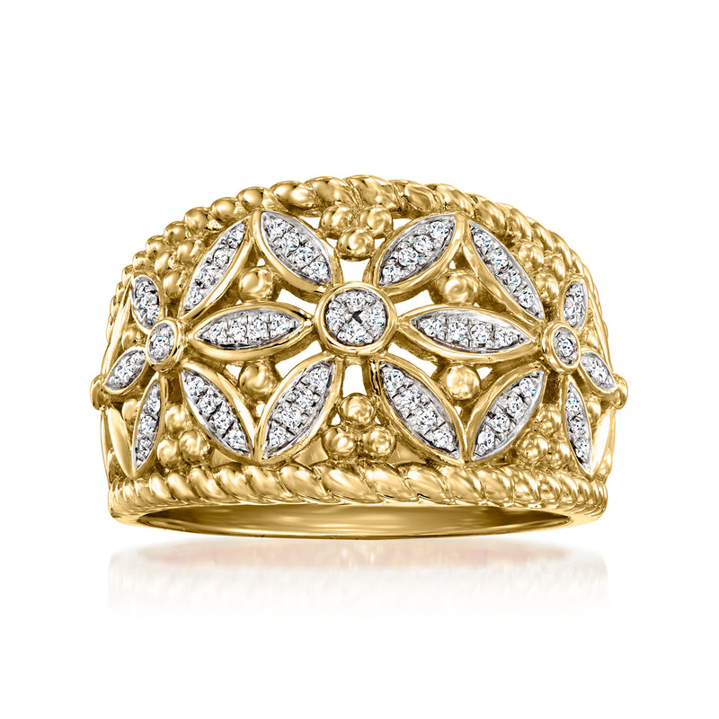 Gold diamond floral roped-edge ring with round and marquise-cut stones, 18kt gold