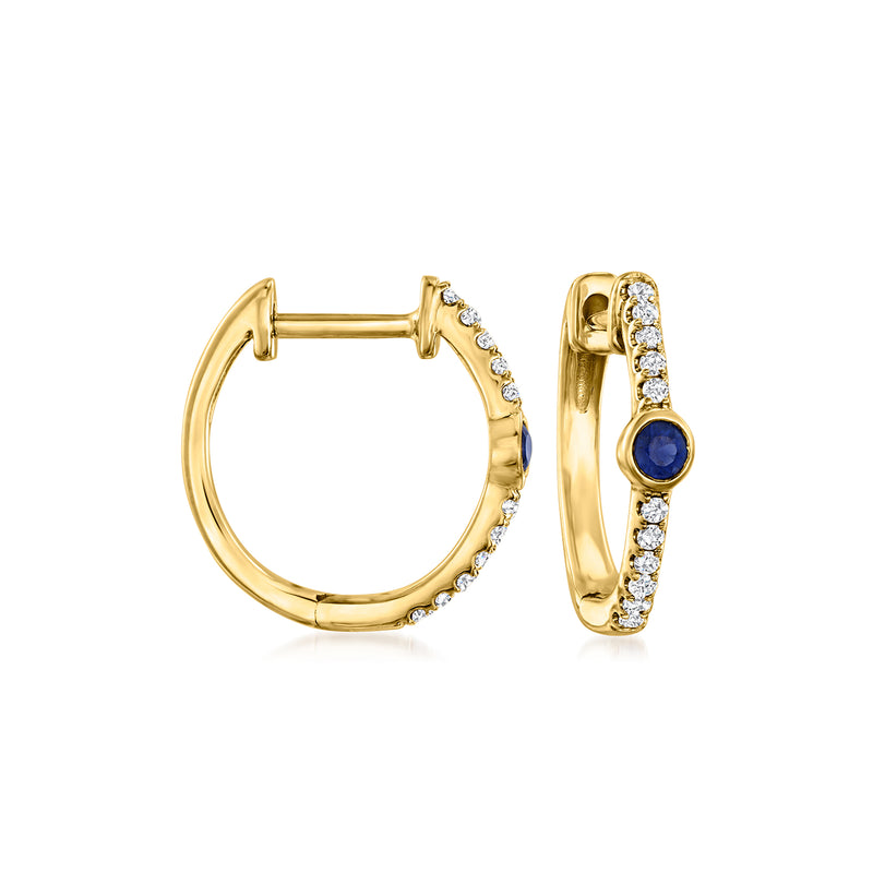 14kt yellow gold huggie hoop earrings with sapphire and diamond accents