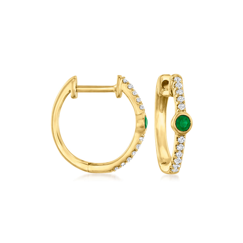 14kt yellow gold huggie hoop earrings with emerald and diamond accents