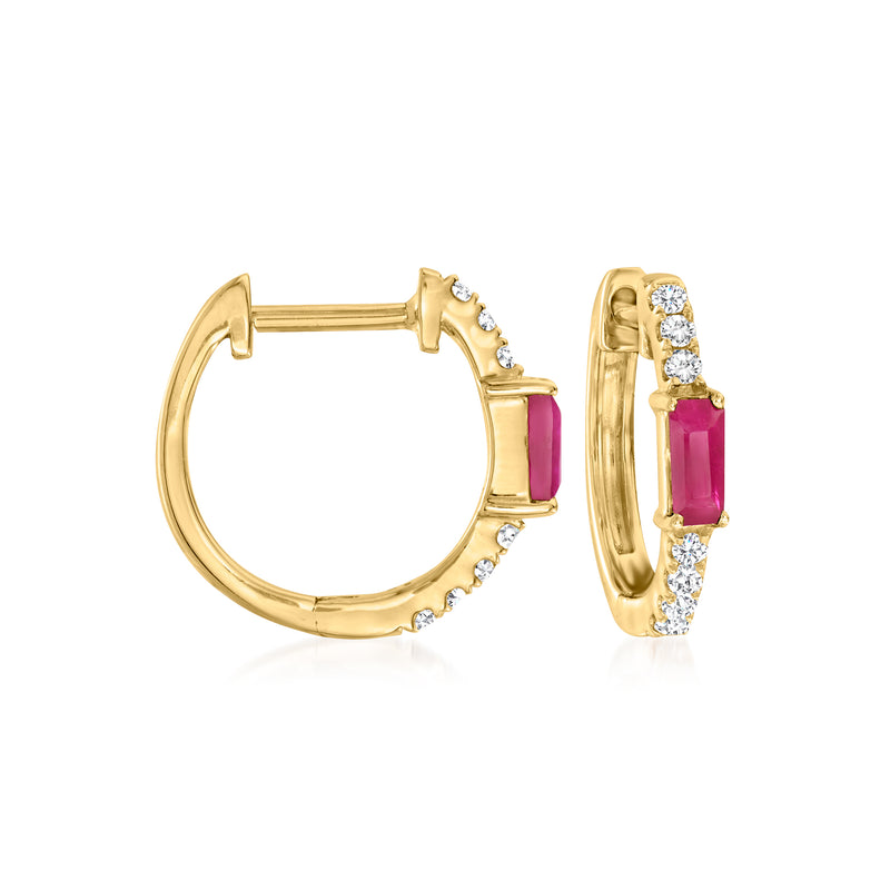 14kt yellow gold huggie hoop earrings with ruby and diamond accents