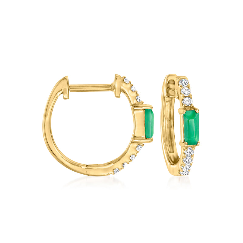 14kt yellow gold huggie hoop earrings with emerald-green stones and diamond accents