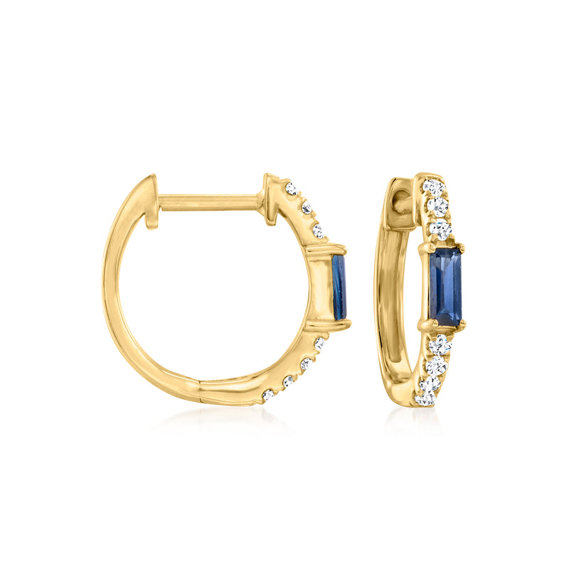 14kt yellow gold huggie hoop earrings with sapphire and diamond accents, side view