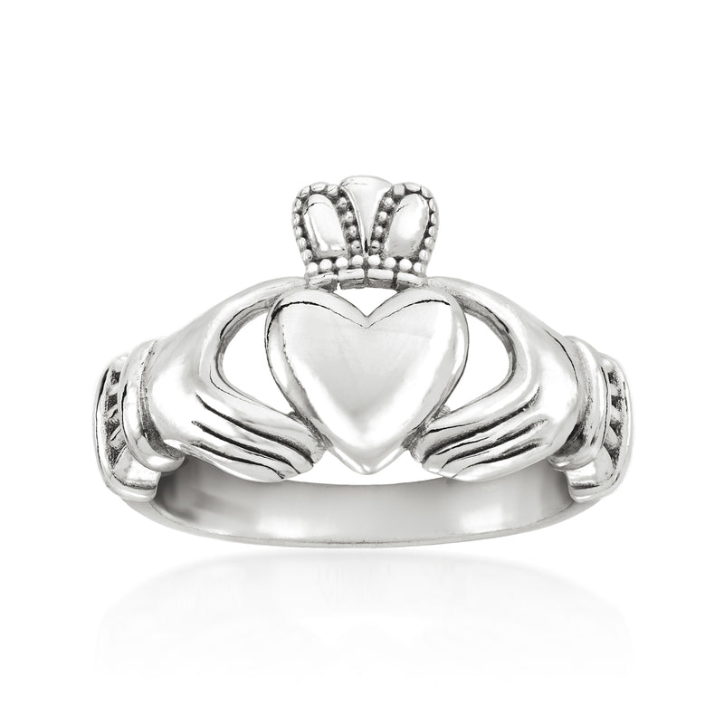 Sterling silver claddagh ring with raised heart and crowned hands, polished finish