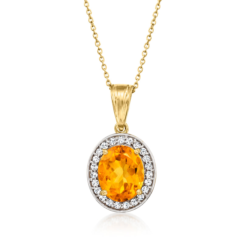 Gold-tone pendant necklace with round citrine gemstone and white topaz halo on chain