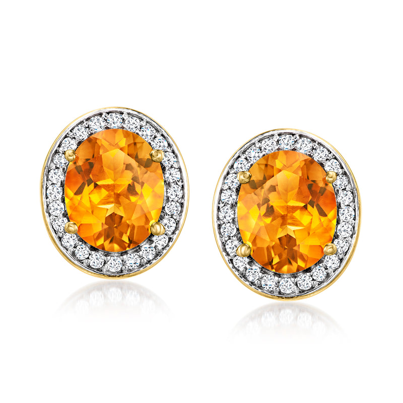 Round halo citrine gemstone stud earrings with white stones, 18kt gold posts