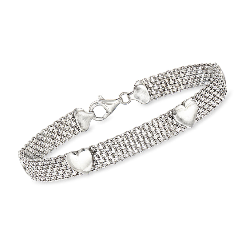 Sterling silver Bismarck-link bracelet with three heart stations and lobster clasp