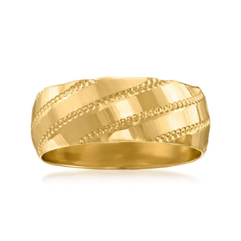 14kt yellow gold band ring with dotted line texture across the top