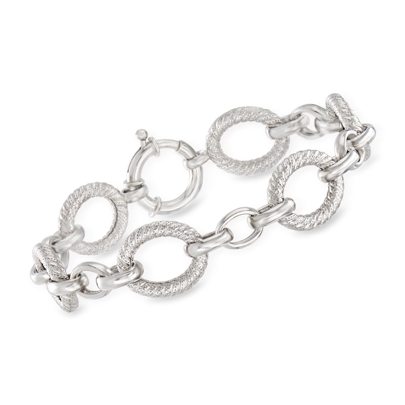 Sterling silver alternating oval-link bracelet with textured open oval links and clasp