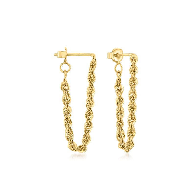 14kt yellow gold endless rope-chain drop post earrings, braided hoop style