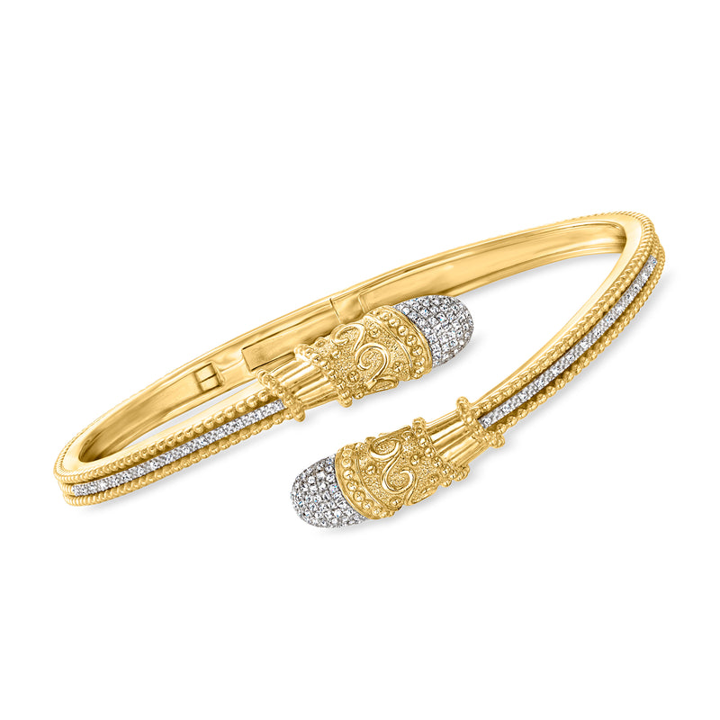 Bypass bangle bracelet with pavé diamond tips in gold over sterling