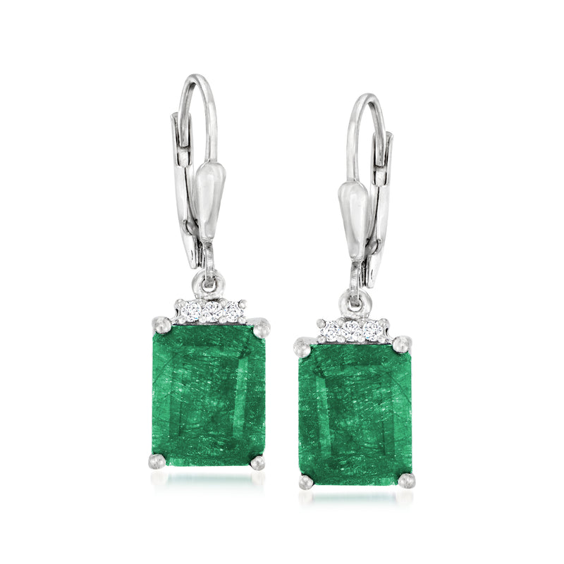 Sterling silver leverback drop earrings with green emerald-cut square stones and white accents