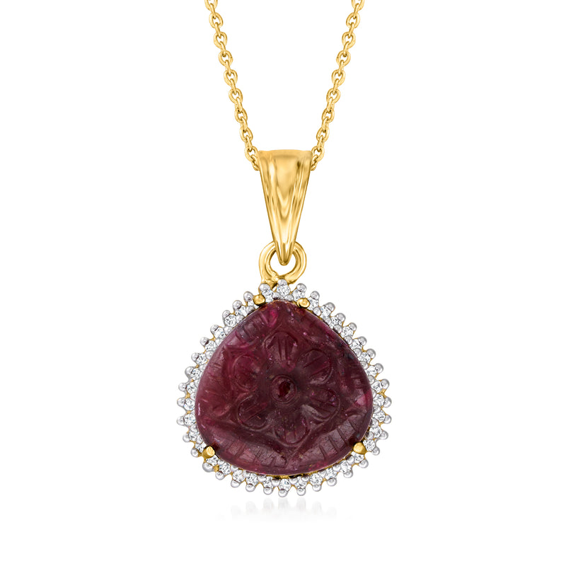 Gold-tone carved ruby flower pendant necklace with white zircon halo and link chain
