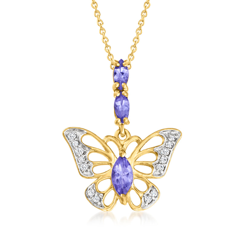 Gold butterfly pendant necklace with oval purple gemstone and white topaz accents