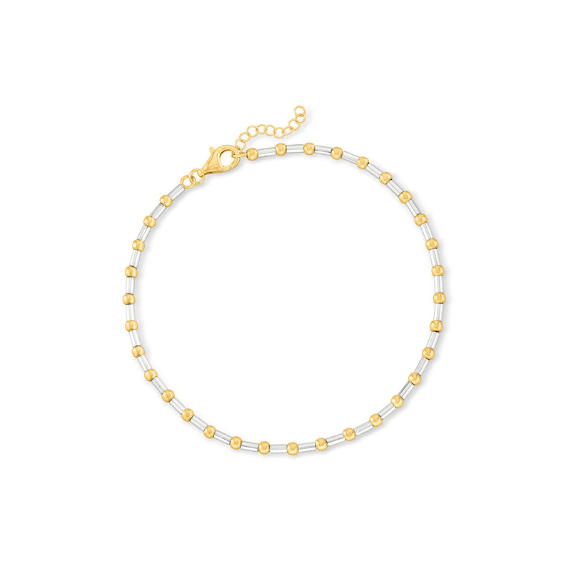 Gold over sterling silver bar and bead anklet with circular links and clasp