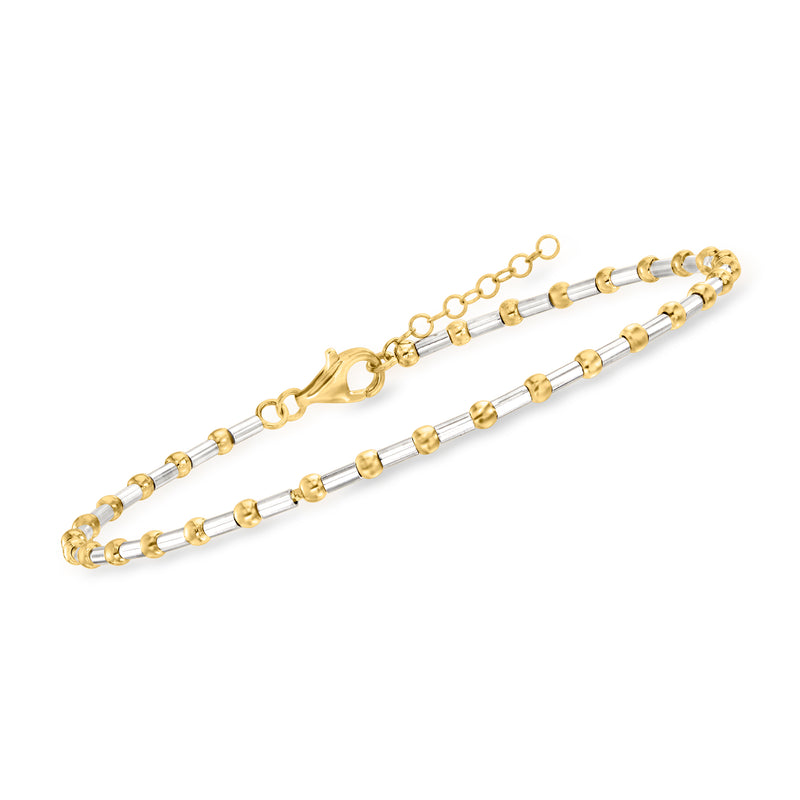 Bar and bead anklet in gold over sterling silver, shown at an angle with clasp