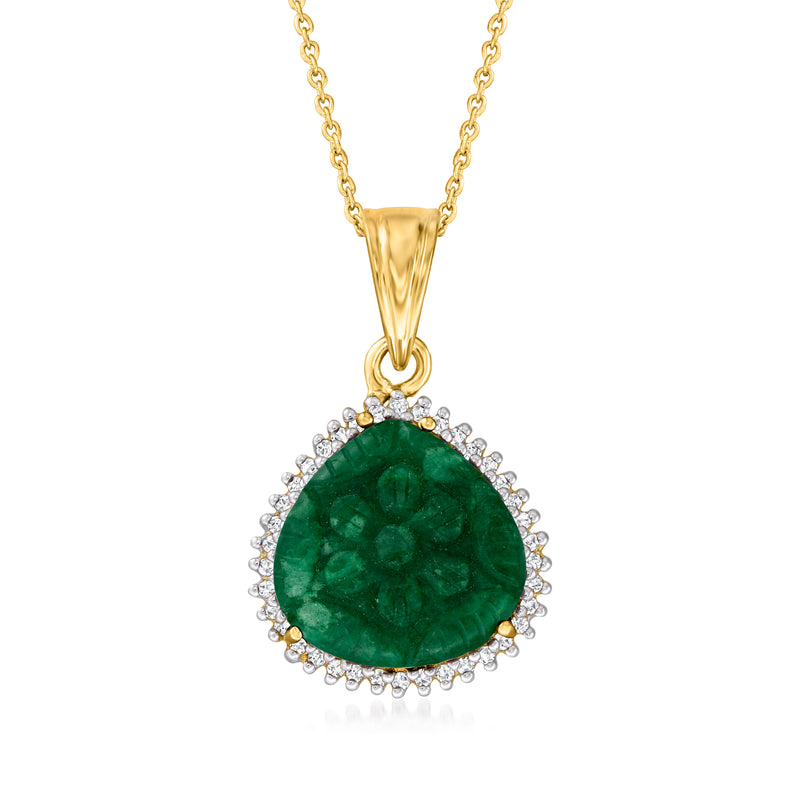 18kt gold over sterling pendant necklace with green oval gemstone and white zircon halo
