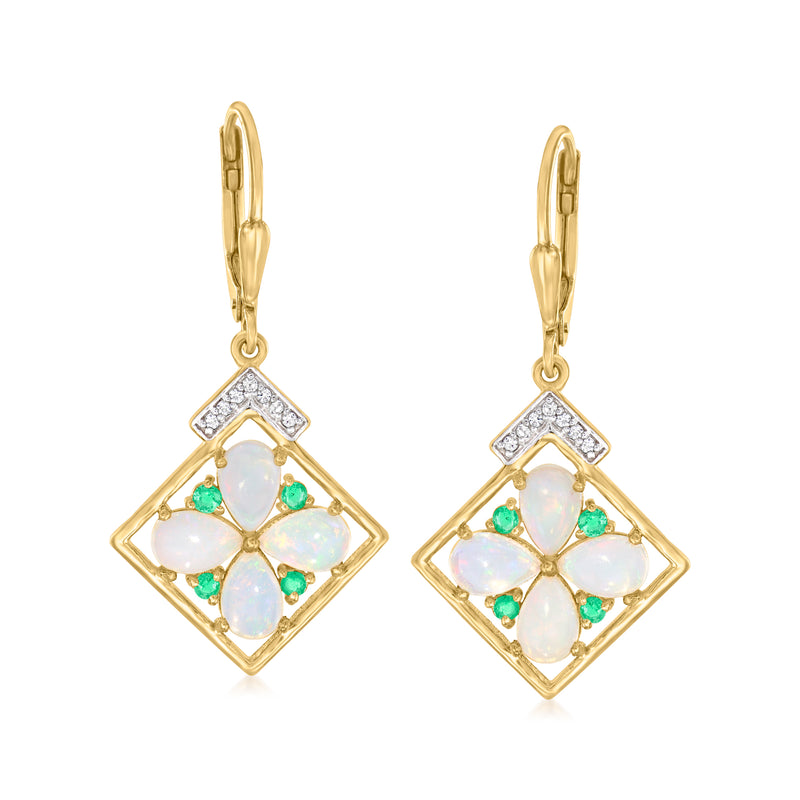 Gold leverback drop earrings with white opal-like stones, green accents, and diamondlike frame