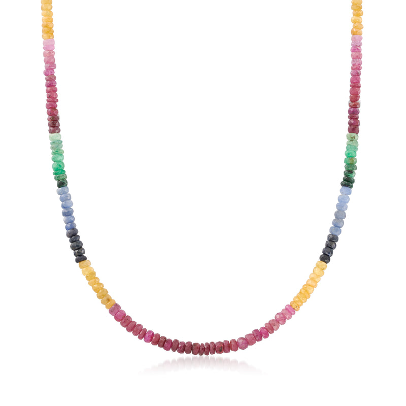 Multi-gemstone bead necklace with rainbow-colored round beads