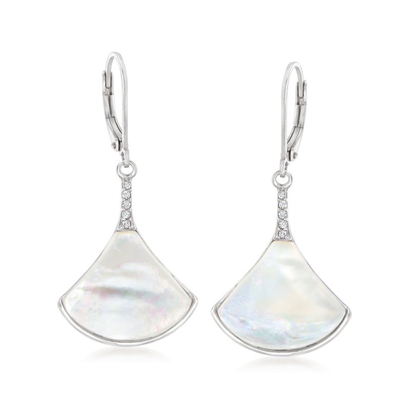 Sterling silver mother-of-pearl fan drop earrings with diamond accents