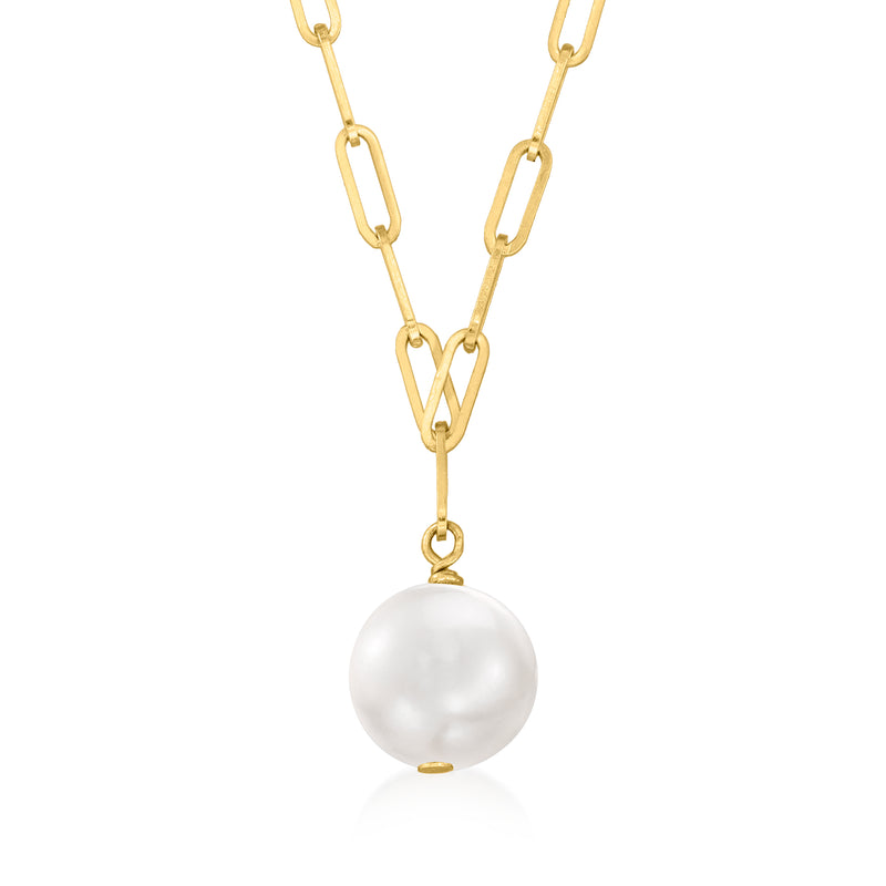 14kt yellow gold paperclip link necklace with round cultured pearl pendant