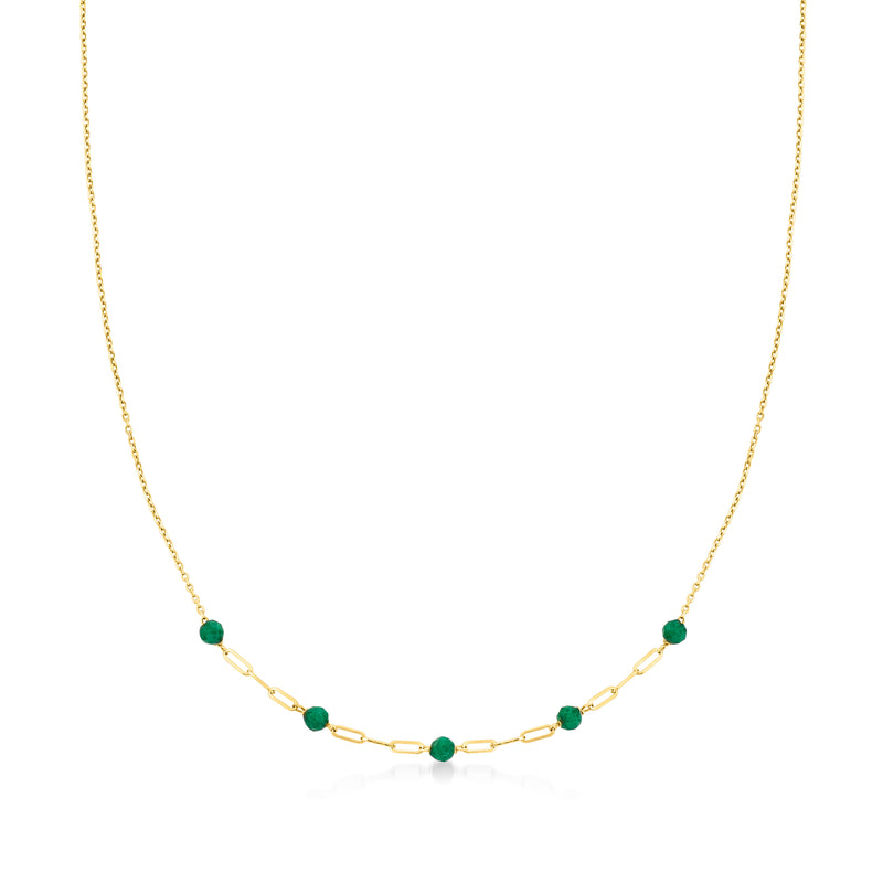 14kt yellow gold necklace with emerald-green station link beads