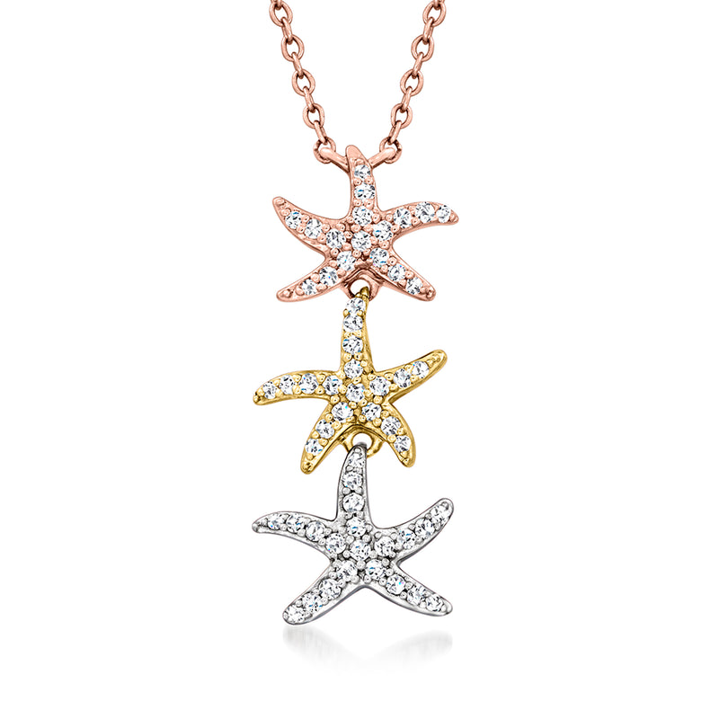 Tri-colored gold starfish diamond pendant necklace with three starfish charms and chain