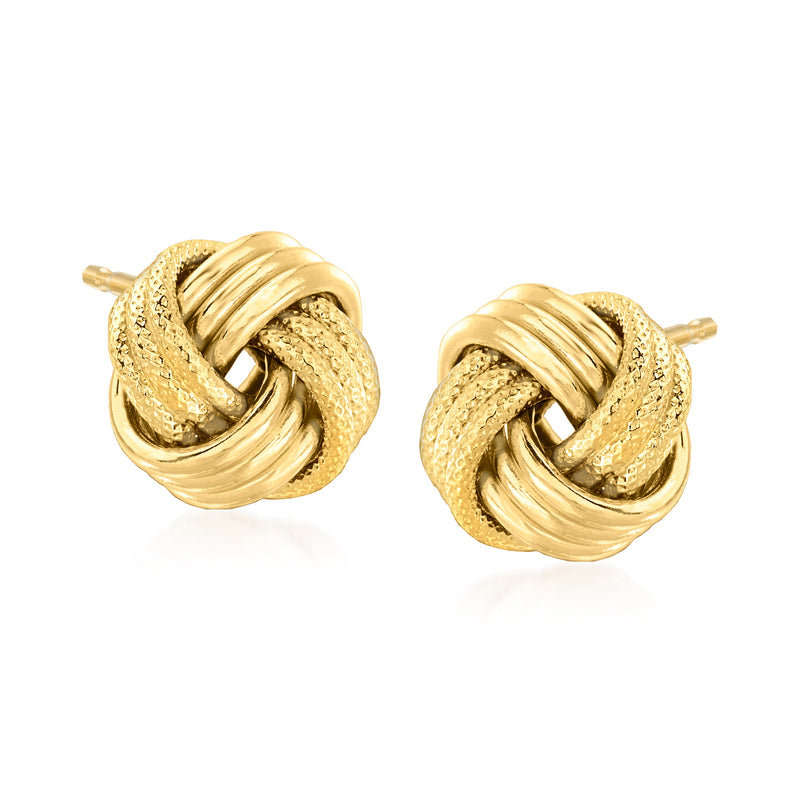 10kt yellow gold love knot stud earrings, twisted textured and polished round design