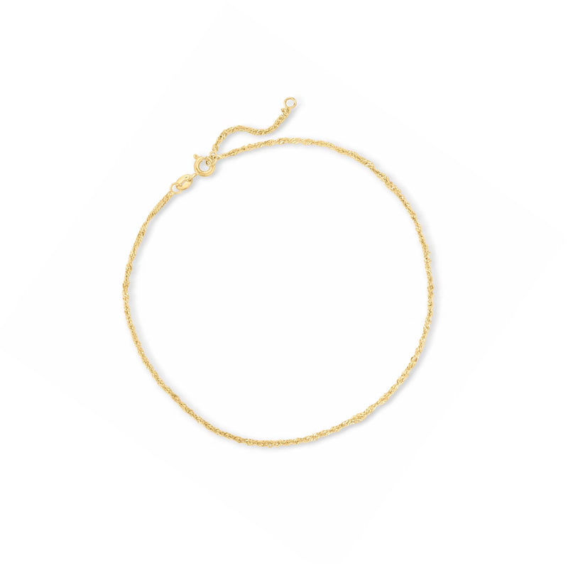 10kt yellow gold Singapore-chain anklet with small round clasp
