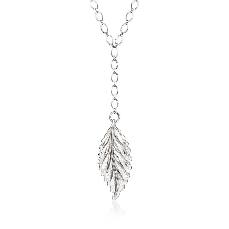 Sterling silver leaf Y-necklace with oval link chain and dangling leaf pendant
