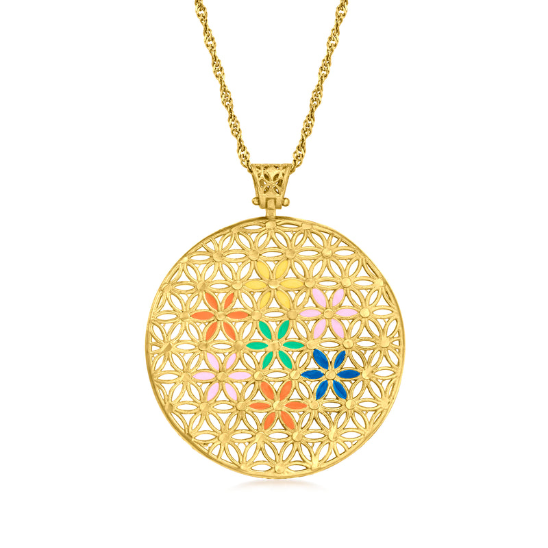 Gold-tone circular flower filigree pendant necklace with rainbow enamel accents, chain.