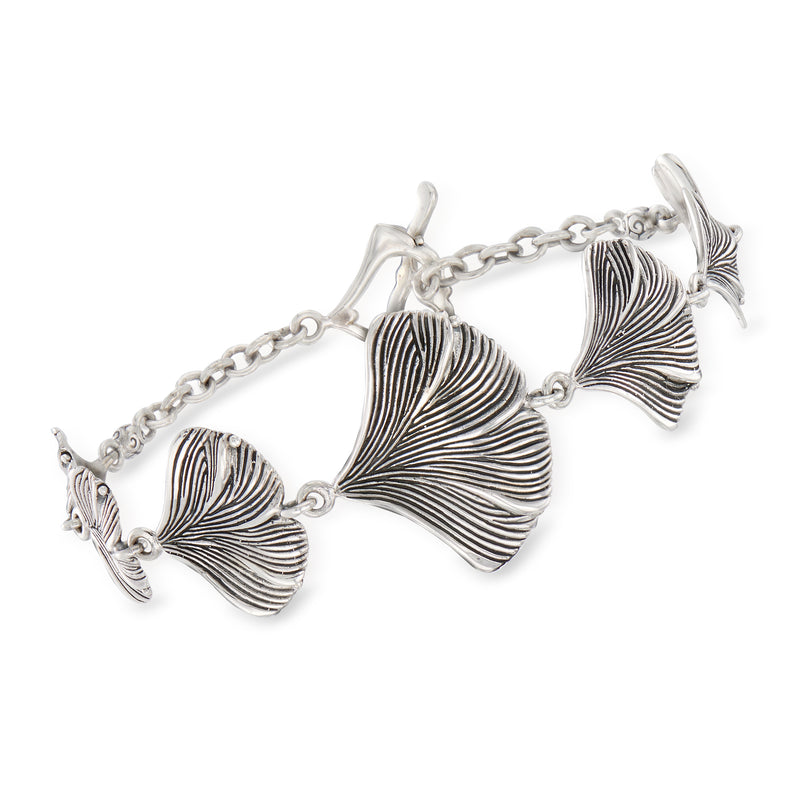 Sterling silver ginkgo leaf bracelet with three ribbed leaf charms and link chain