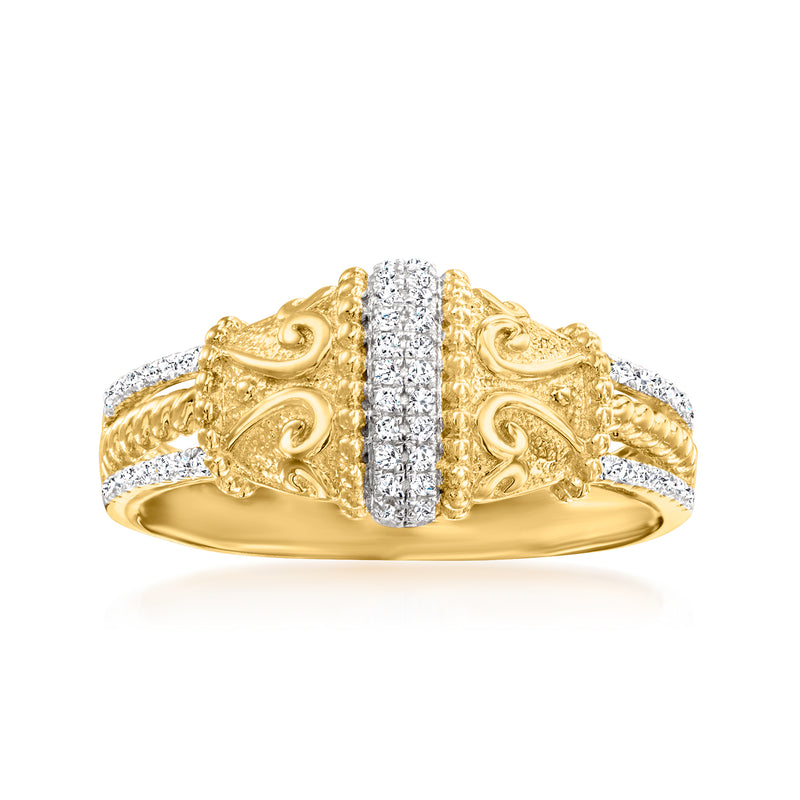 Vintage-style diamond ring in 18kt gold over sterling with pavé center and scroll details