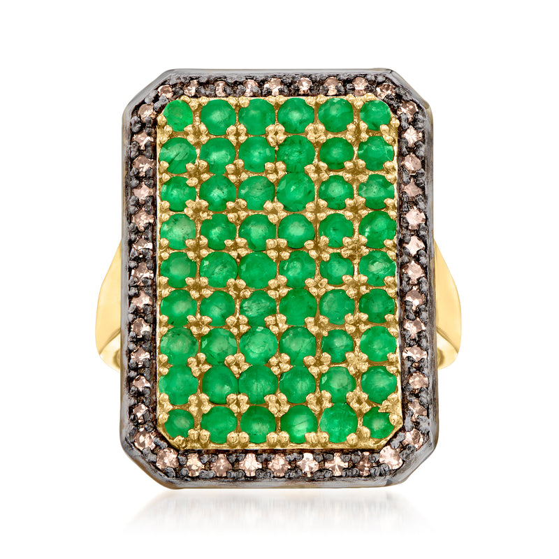 18kt gold over sterling ring with rectangular green gemstone center and diamond border