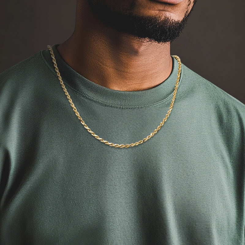 10kt yellow gold rope chain necklace worn on neck, rope-link pattern visible
