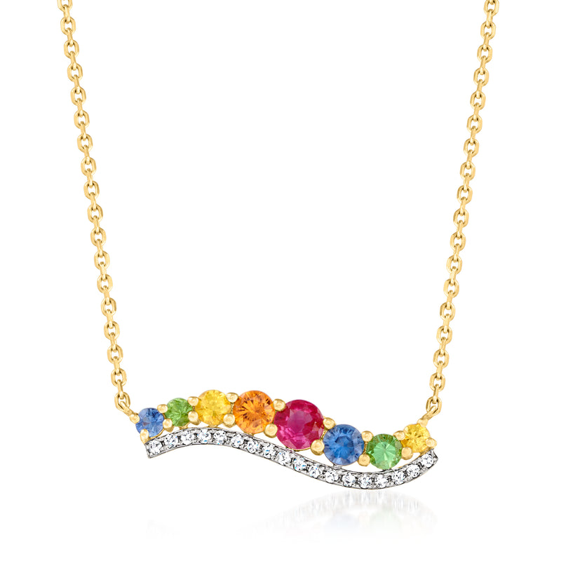 14kt yellow gold curve necklace with multicolored gemstones and diamond accents