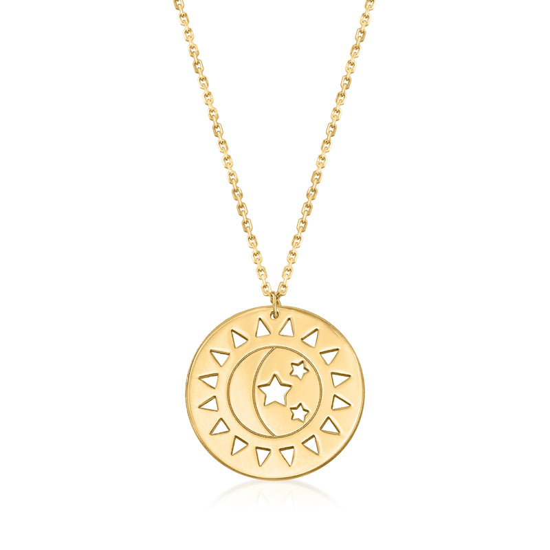 14kt yellow gold openwork sun and moon disc pendant necklace